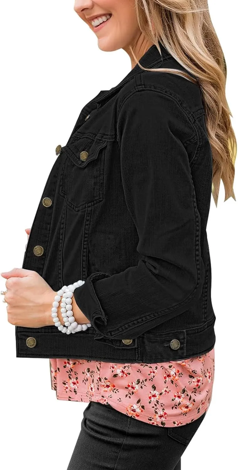 Womens Cropped Jean Jacket Basic Button Down Demim Jacket With Pockets