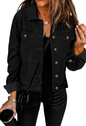 Womens Cropped Jean Jacket Basic Button Down Demim Jacket With Pockets