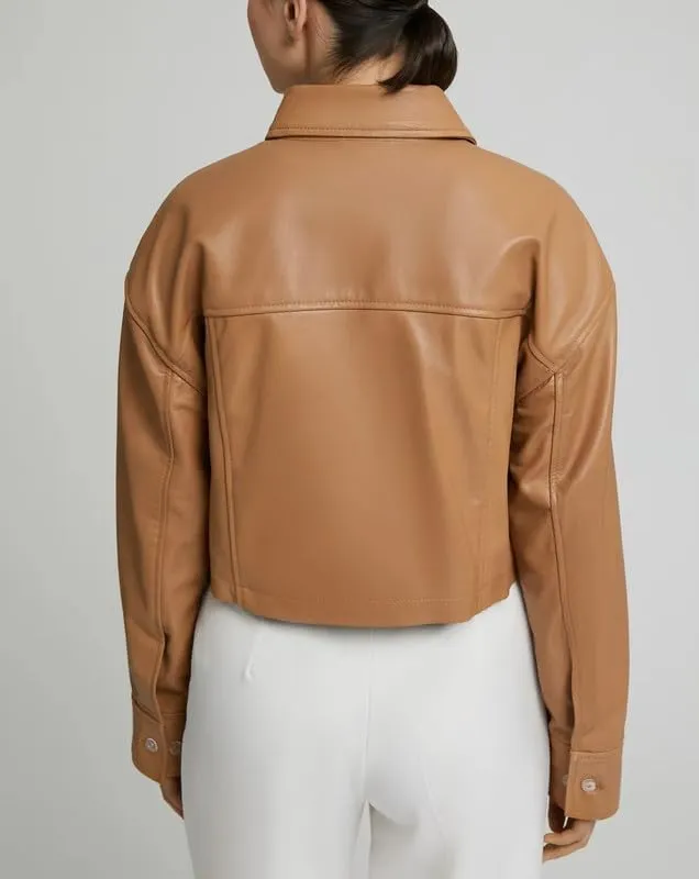 Womens Cropped Leather Jacket - Lightweight Casual Long Sleeve Crop Jackets Coat Tops for Women