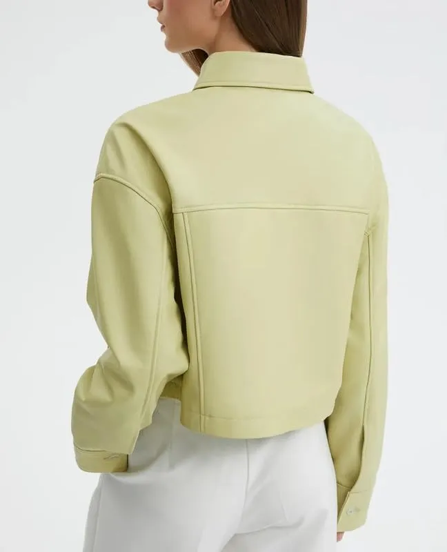 Womens Cropped Leather Jacket - Lightweight Casual Long Sleeve Crop Jackets Coat Tops for Women