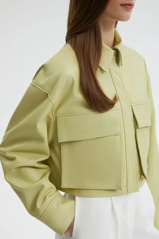 Womens Cropped Leather Jacket - Lightweight Casual Long Sleeve Crop Jackets Coat Tops for Women