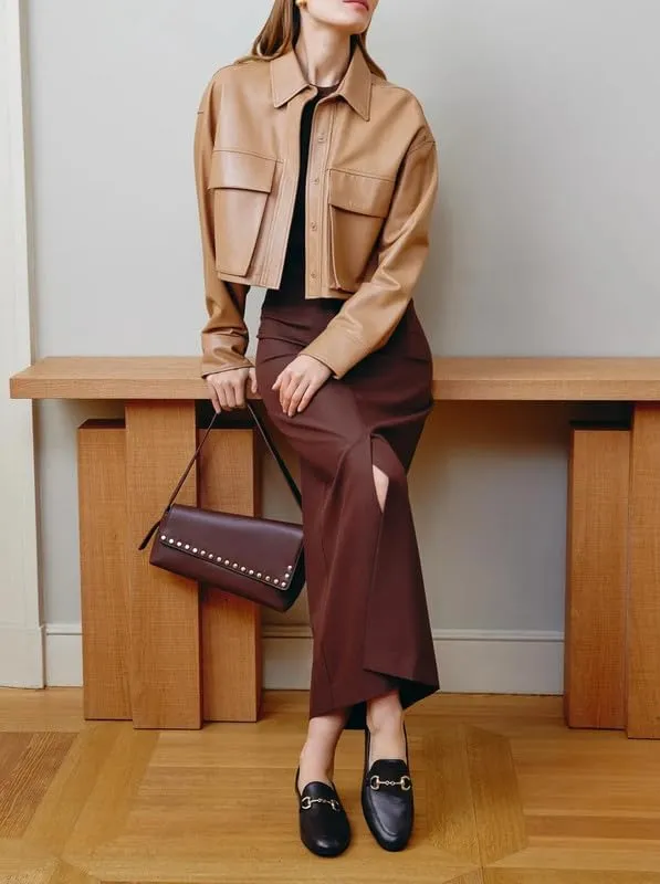 Womens Cropped Leather Jacket - Lightweight Casual Long Sleeve Crop Jackets Coat Tops for Women
