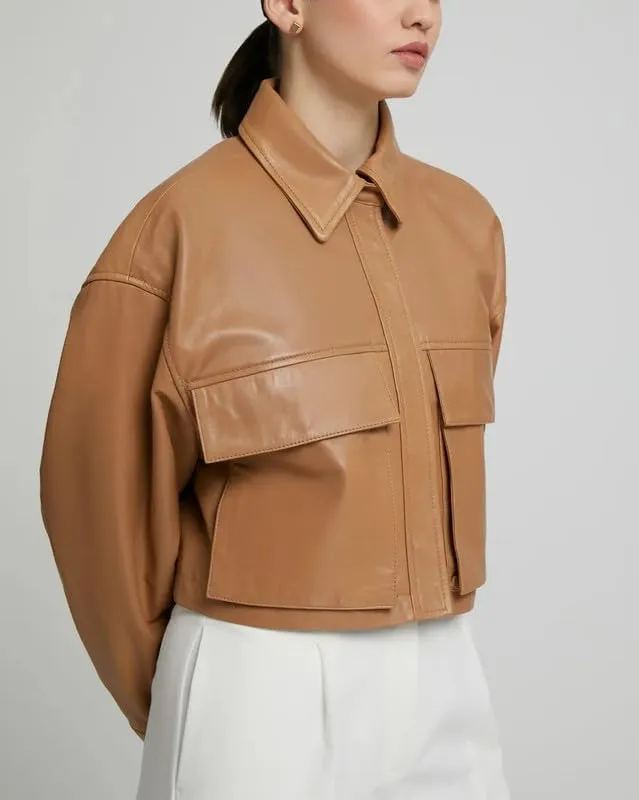 Womens Cropped Leather Jacket - Lightweight Casual Long Sleeve Crop Jackets Coat Tops for Women