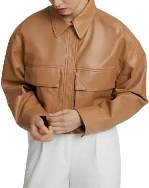Womens Cropped Leather Jacket - Lightweight Casual Long Sleeve Crop Jackets Coat Tops for Women
