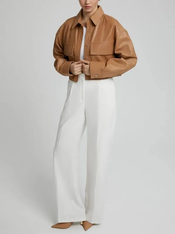 Womens Cropped Leather Jacket - Lightweight Casual Long Sleeve Crop Jackets Coat Tops for Women