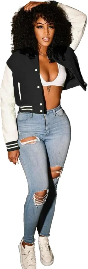 Women's Cropped Varsity Jacket Long Sleeve Casual Baseball Jacket Color Block Vintage Button Down Bomber Jackets