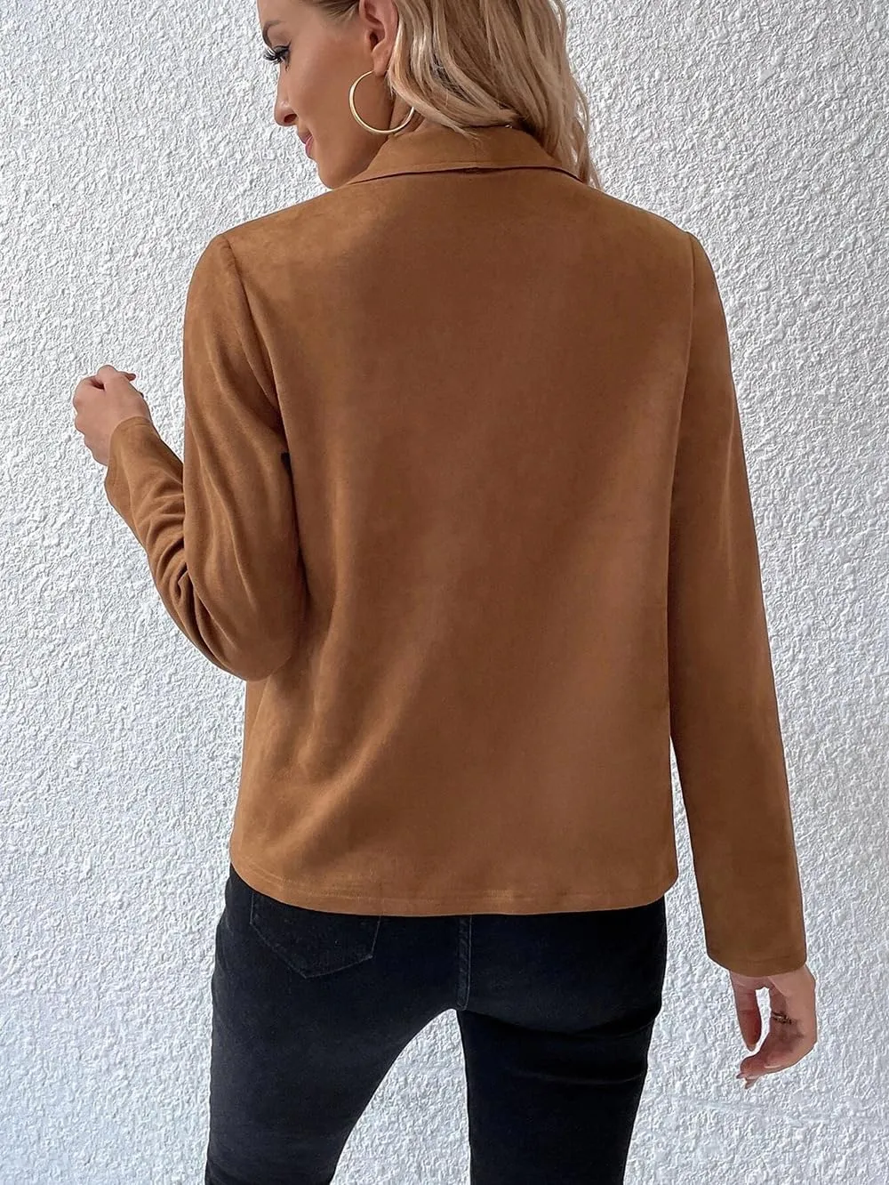 Women's Fall Casual Faux Suede Jackets Long Sleeve Open Front Lightweight Bomber Jacket Cropped Coats
