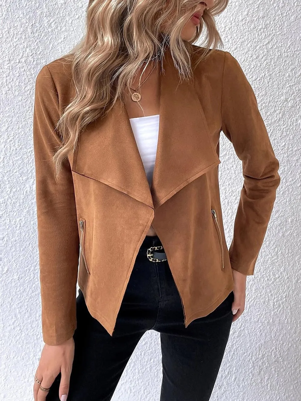 Women's Fall Casual Faux Suede Jackets Long Sleeve Open Front Lightweight Bomber Jacket Cropped Coats