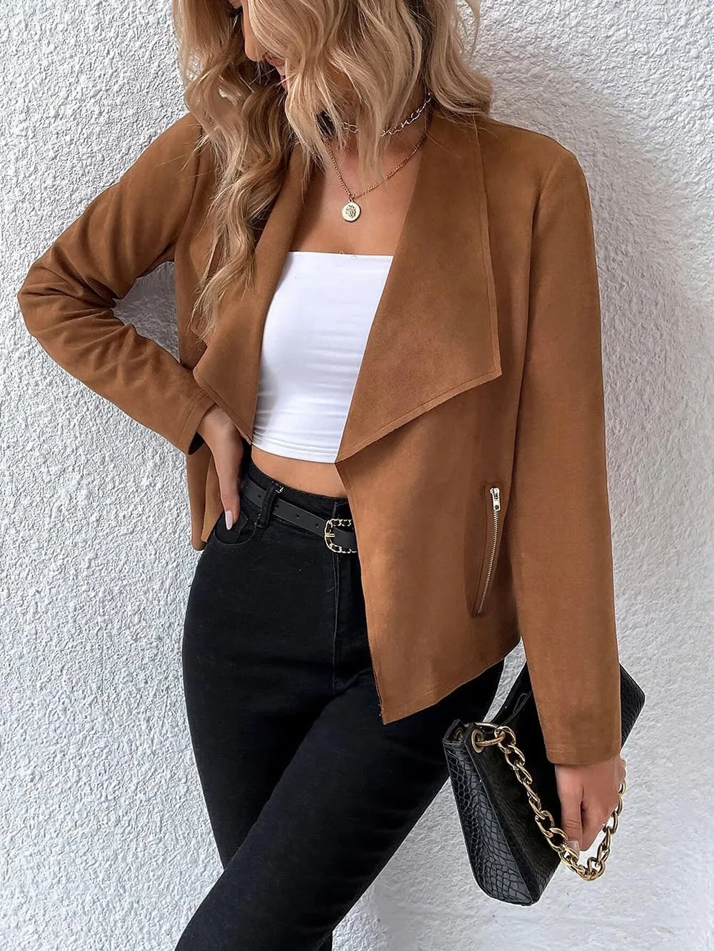 Women's Fall Casual Faux Suede Jackets Long Sleeve Open Front Lightweight Bomber Jacket Cropped Coats