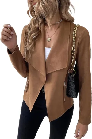 Women's Fall Casual Faux Suede Jackets Long Sleeve Open Front Lightweight Bomber Jacket Cropped Coats