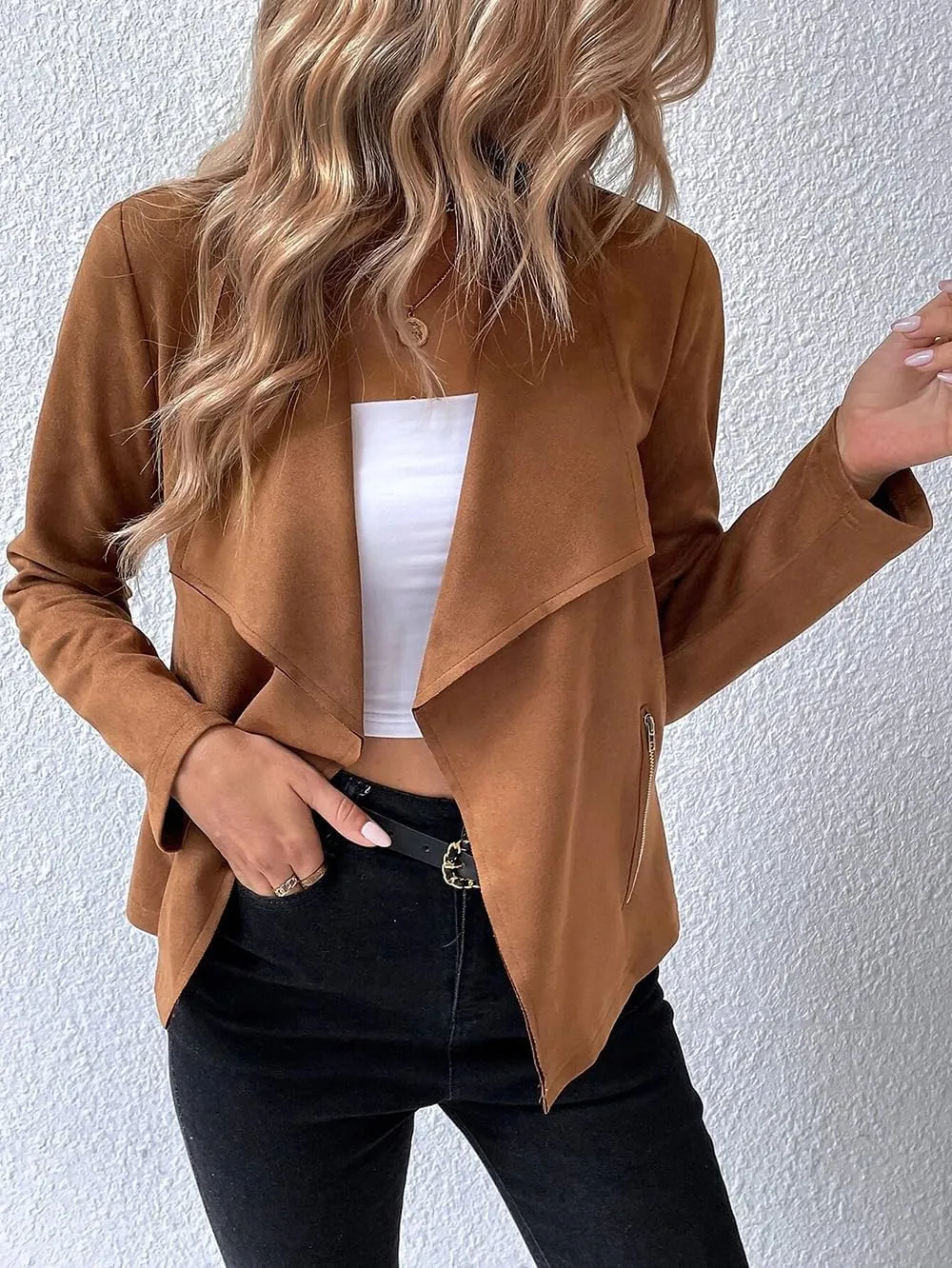 Women's Fall Casual Faux Suede Jackets Long Sleeve Open Front Lightweight Bomber Jacket Cropped Coats
