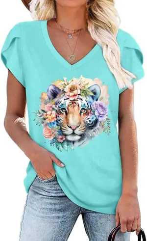 Womens Flamingo Print Tops Summer Sexy V Neck Petal Sleeve Casual Tee Tshirts S-3XL