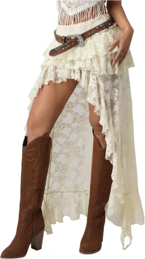 Women's Floral Lace Boho Maxi Skirt Drop Waist Ruffle Sheer Mesh Cowgirl Vacation Skirt
