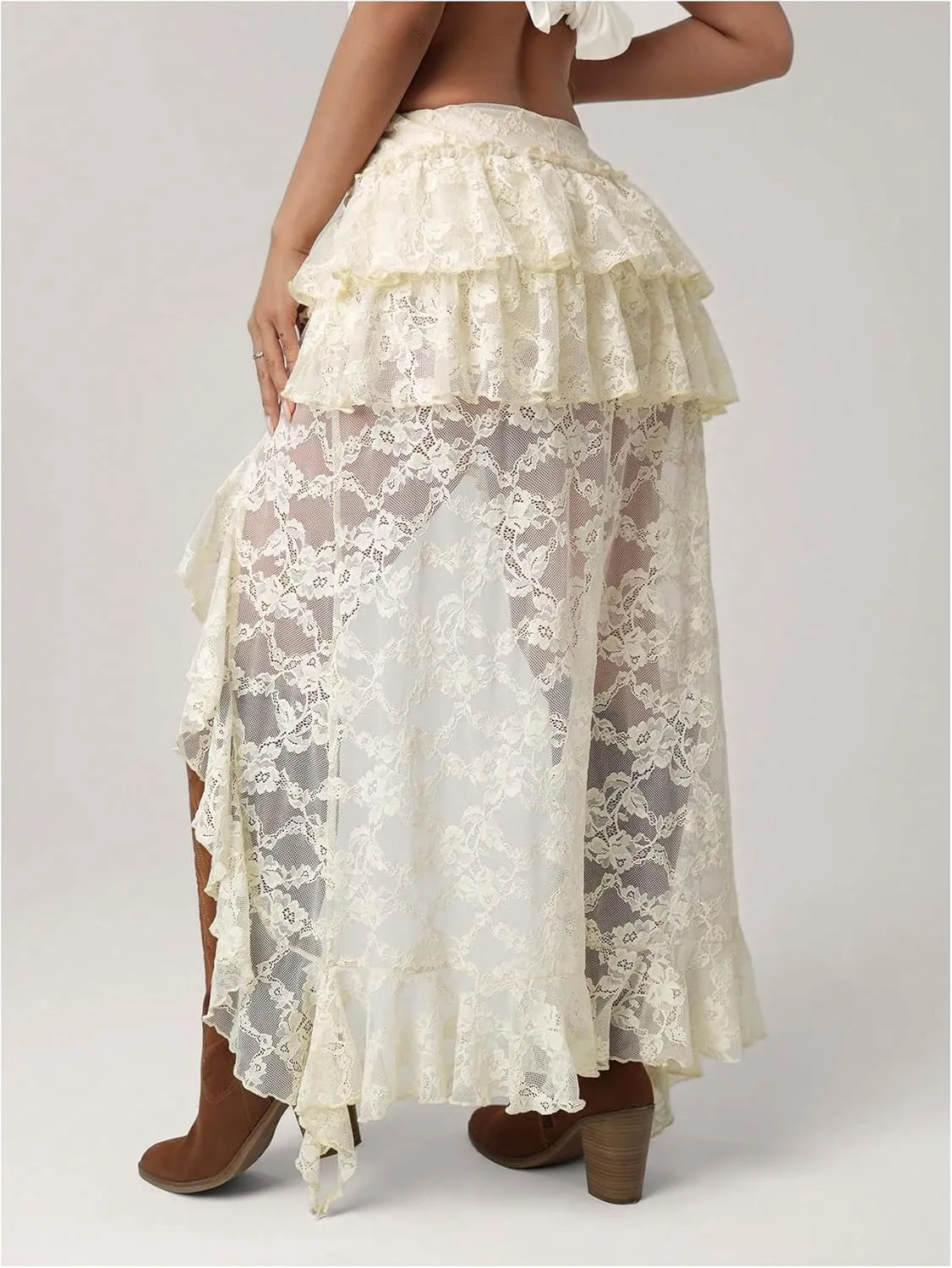 Women's Floral Lace Boho Maxi Skirt Drop Waist Ruffle Sheer Mesh Cowgirl Vacation Skirt