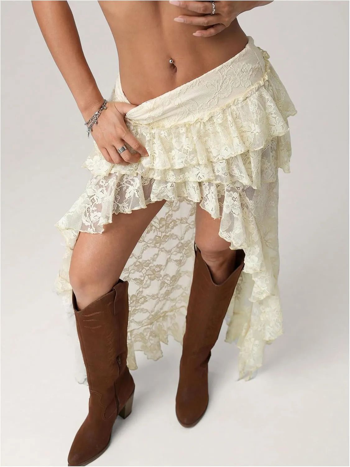 Women's Floral Lace Boho Maxi Skirt Drop Waist Ruffle Sheer Mesh Cowgirl Vacation Skirt