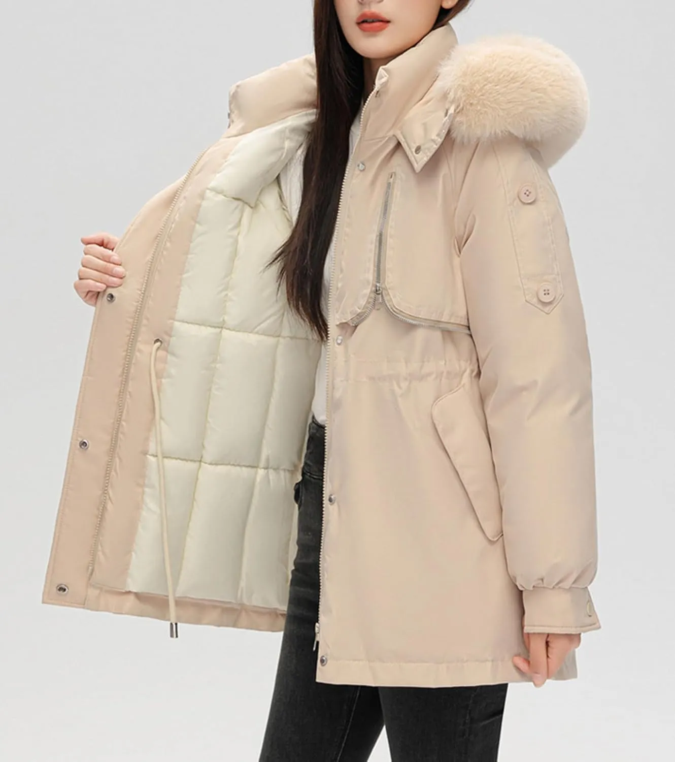 Women's Fur Hooded Puffer Jackets Winter Zip Up Casual Fashion Parka Coat Cotton Padded Outerwear