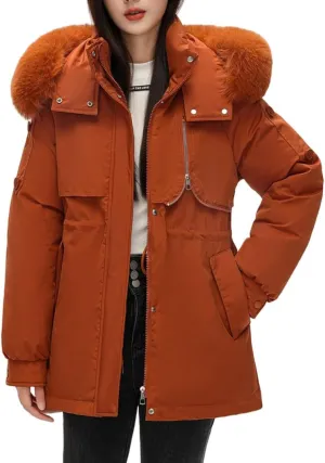 Women's Fur Hooded Puffer Jackets Winter Zip Up Casual Fashion Parka Coat Cotton Padded Outerwear