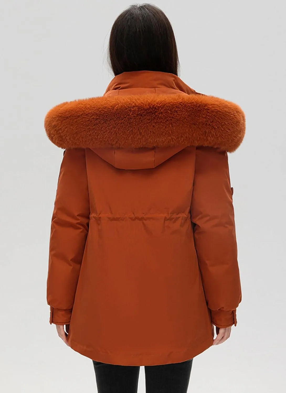 Women's Fur Hooded Puffer Jackets Winter Zip Up Casual Fashion Parka Coat Cotton Padded Outerwear