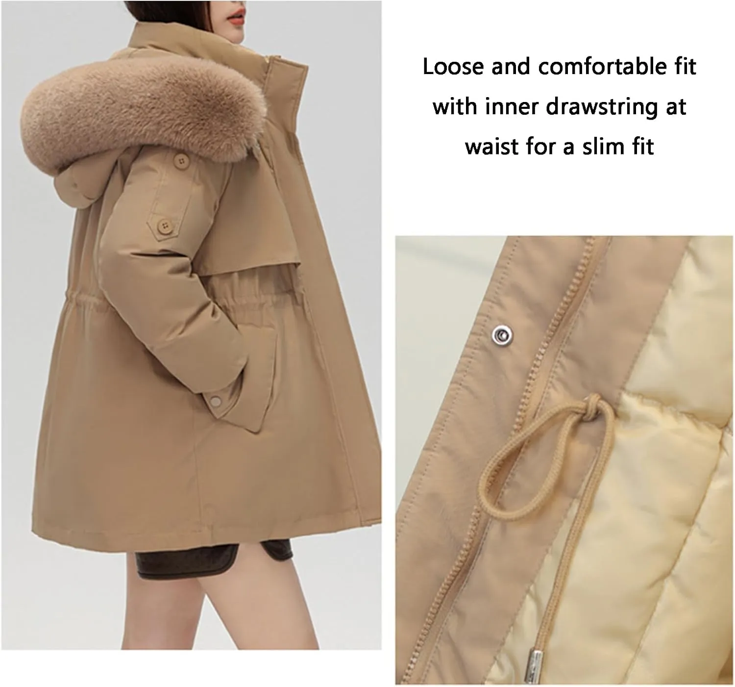Women's Fur Hooded Puffer Jackets Winter Zip Up Casual Fashion Parka Coat Cotton Padded Outerwear