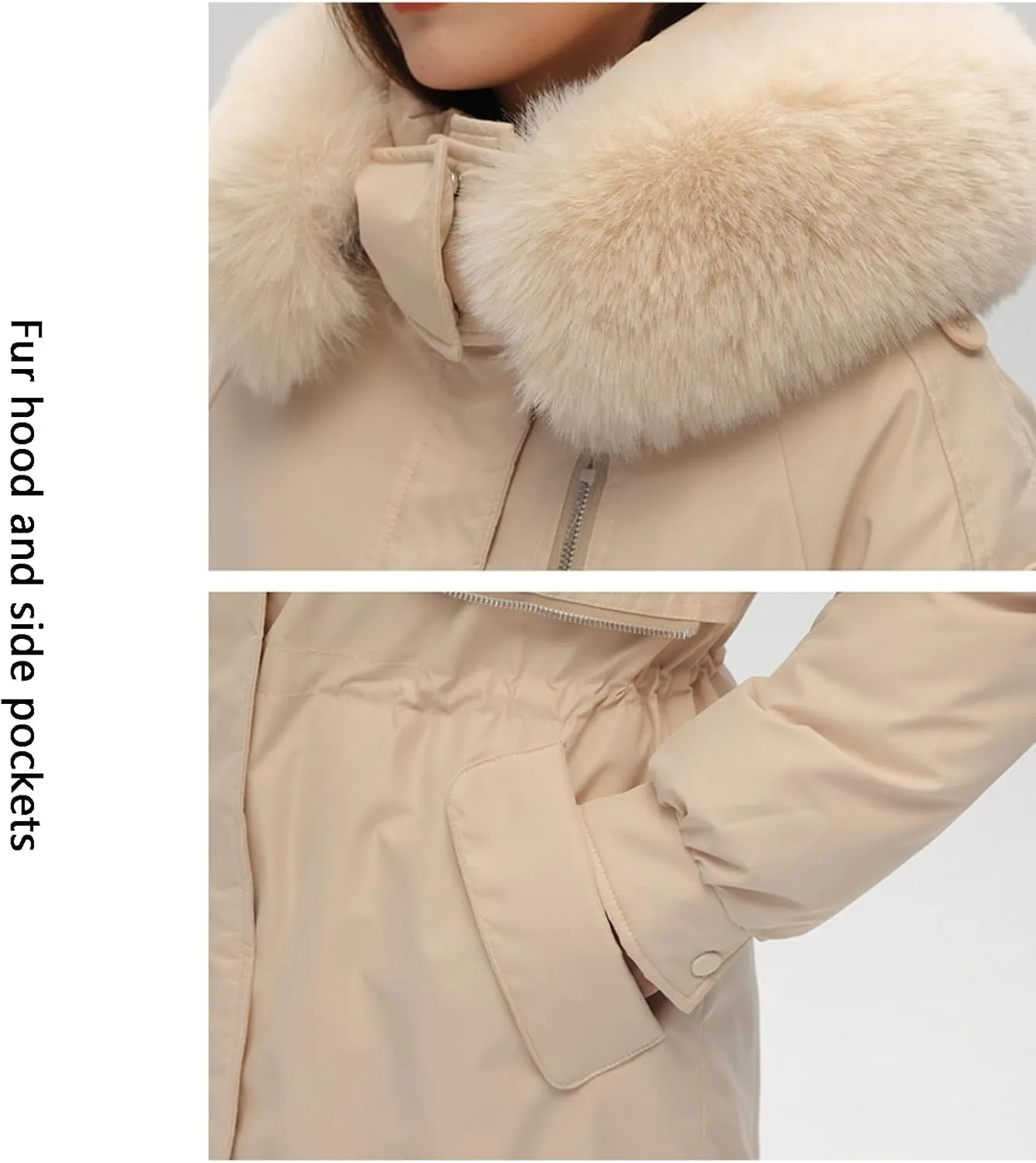 Women's Fur Hooded Puffer Jackets Winter Zip Up Casual Fashion Parka Coat Cotton Padded Outerwear