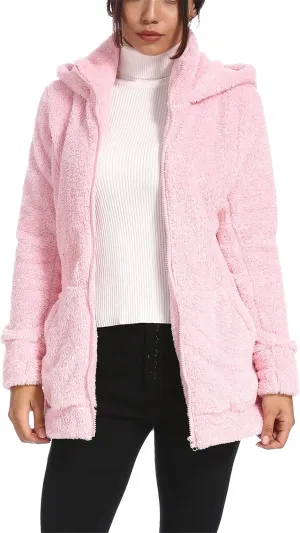Womens Fuzzy Casual Hooded Jacket Full Zip Up Thick Fleece Warm Soft Coats Fashion Winter Fluffy Oversized Hoodies (Pink,X-Large)