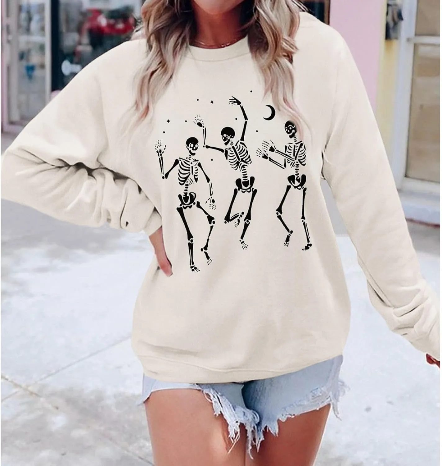Women's Halloween Dancing Skeleton Sweatshirts Spooky Season Horror Skull Printed Pullover Shirt Oversized Tee Top