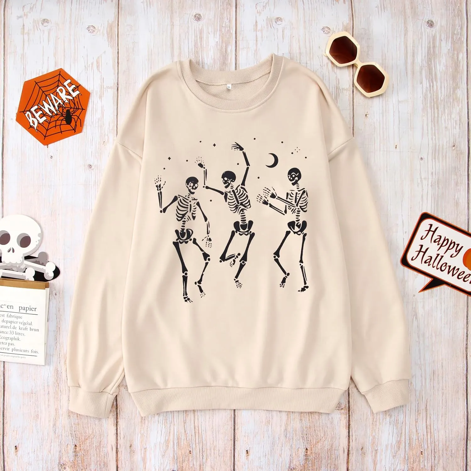 Women's Halloween Dancing Skeleton Sweatshirts Spooky Season Horror Skull Printed Pullover Shirt Oversized Tee Top