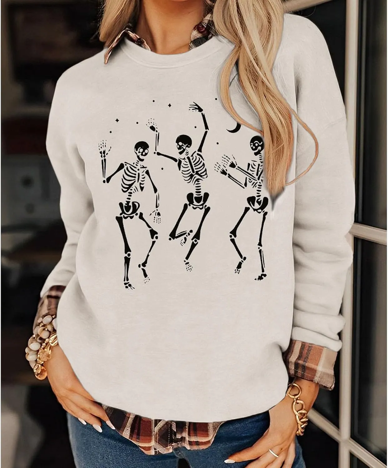 Women's Halloween Dancing Skeleton Sweatshirts Spooky Season Horror Skull Printed Pullover Shirt Oversized Tee Top