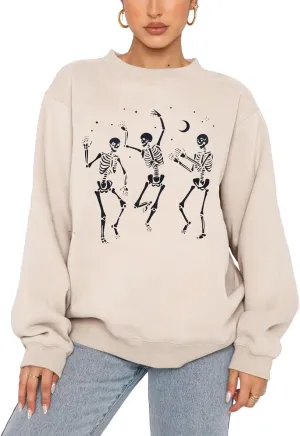 Women's Halloween Dancing Skeleton Sweatshirts Spooky Season Horror Skull Printed Pullover Shirt Oversized Tee Top