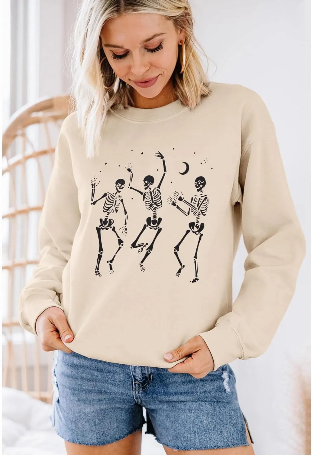 Women's Halloween Dancing Skeleton Sweatshirts Spooky Season Horror Skull Printed Pullover Shirt Oversized Tee Top