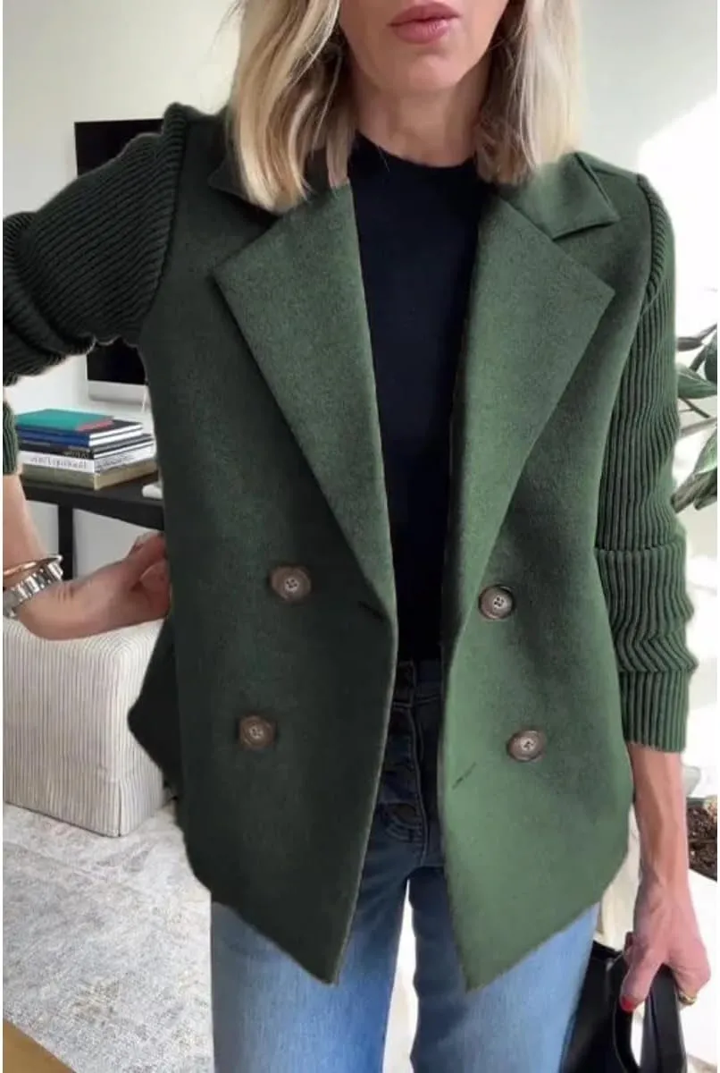 Women's Lapel Button Knitted Patchwork Sleeve Casual Coat Cropped With Two Pockets