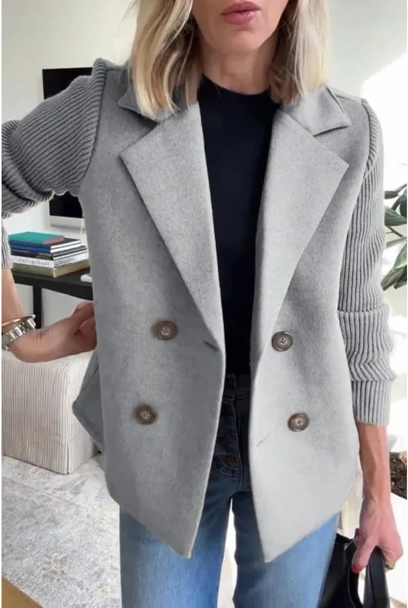 Women's Lapel Button Knitted Patchwork Sleeve Casual Coat Cropped With Two Pockets