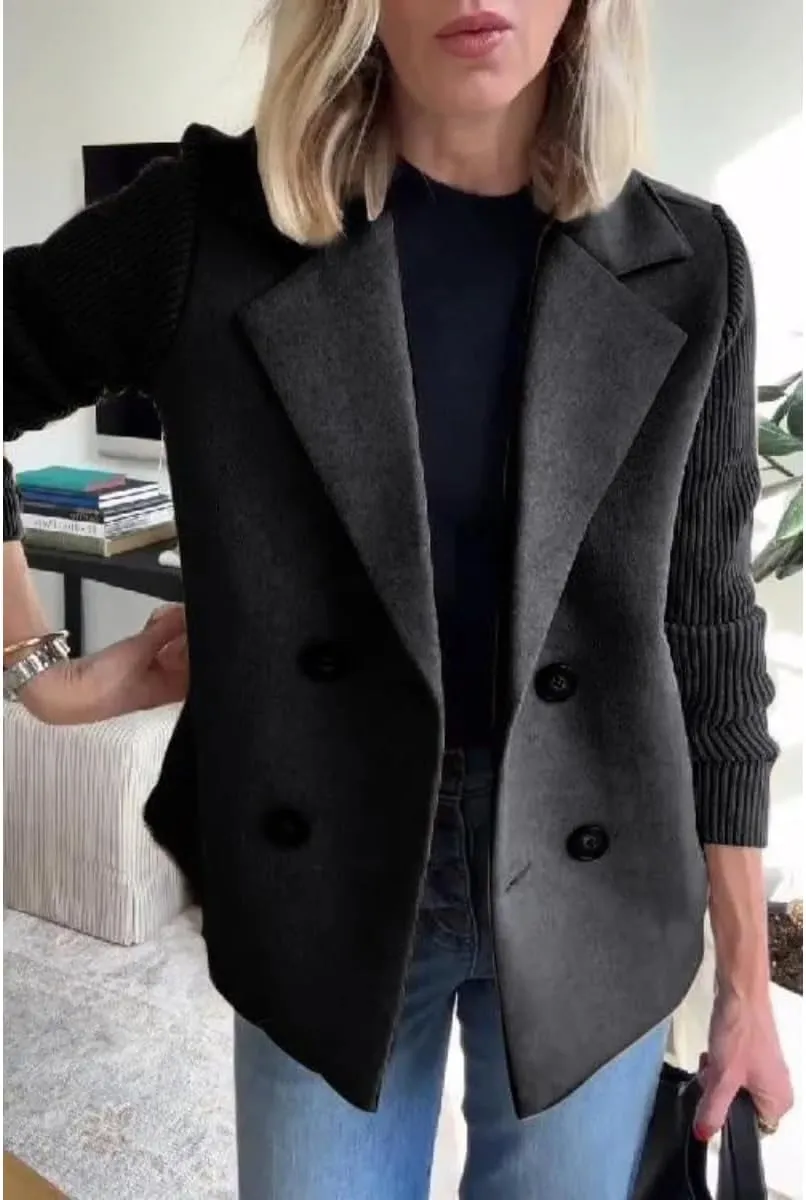 Women's Lapel Button Knitted Patchwork Sleeve Casual Coat Cropped With Two Pockets