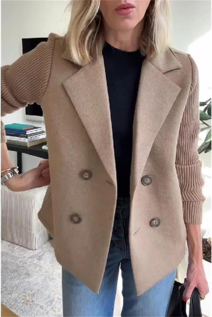 Women's Lapel Button Knitted Patchwork Sleeve Casual Coat Cropped With Two Pockets