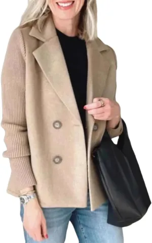 Women's Lapel Button Knitted Patchwork Sleeve Casual Coat Cropped With Two Pockets
