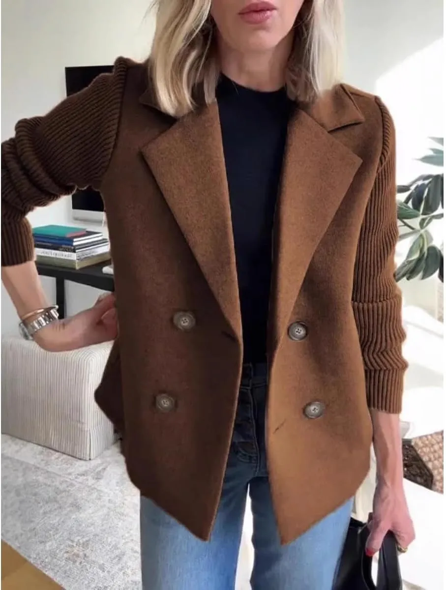 Women's Lapel Button Knitted Patchwork Sleeve Casual Coat Cropped With Two Pockets