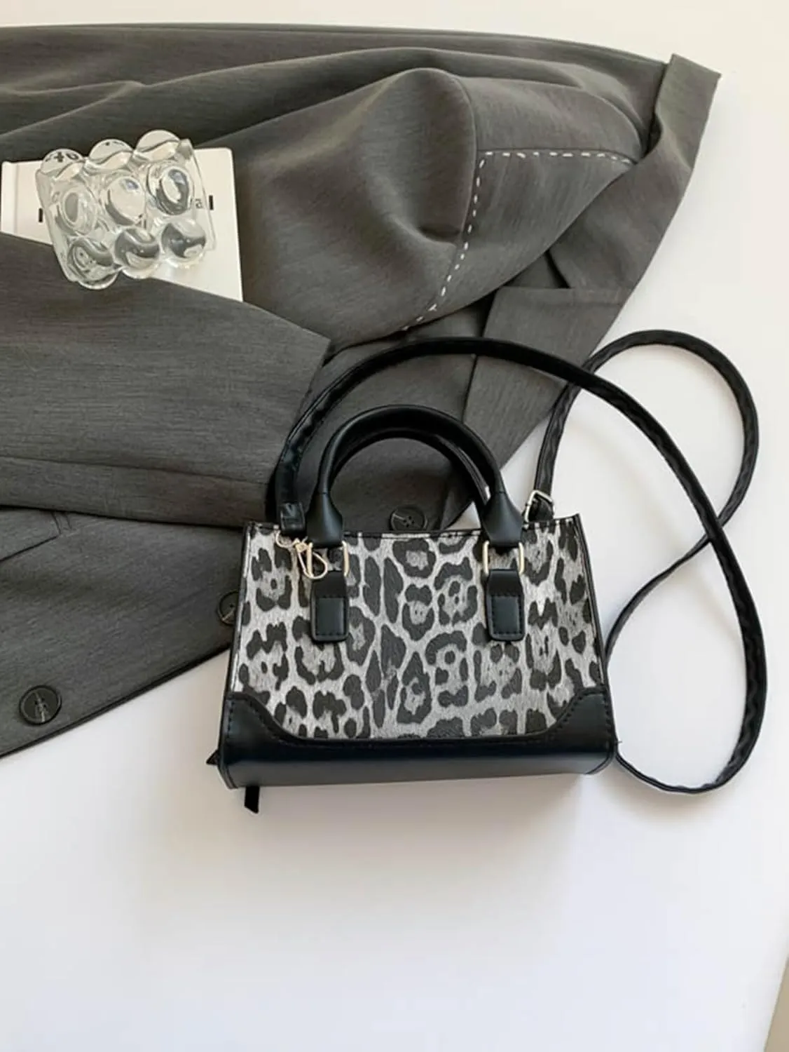 Women's Leopard Print Satchel Handbag Zipper Top Handle Shoulder Bags Small Square Clutch Purses
