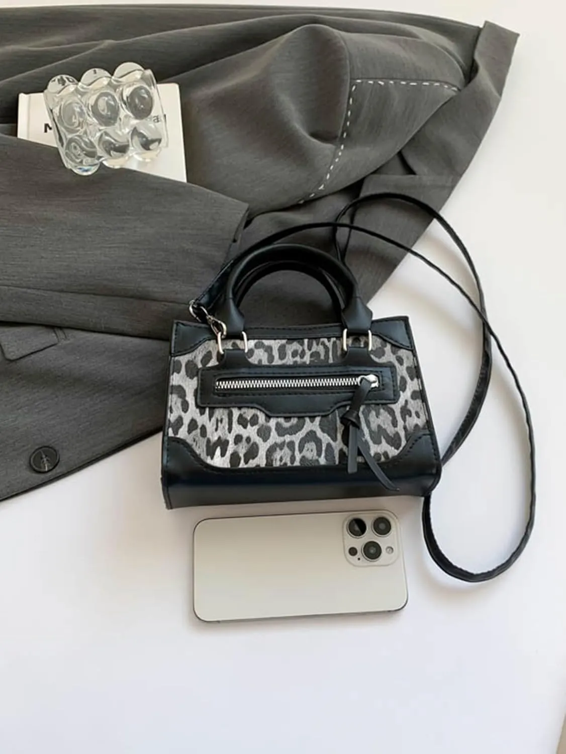 Women's Leopard Print Satchel Handbag Zipper Top Handle Shoulder Bags Small Square Clutch Purses