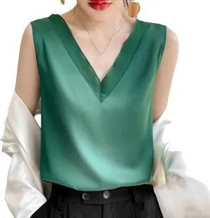Women's Lightweight Satin Tank Top & Camisole Summer V-Neck Sleeveless Vest Loose Fit Casual Blouse to Wear Under Blazers
