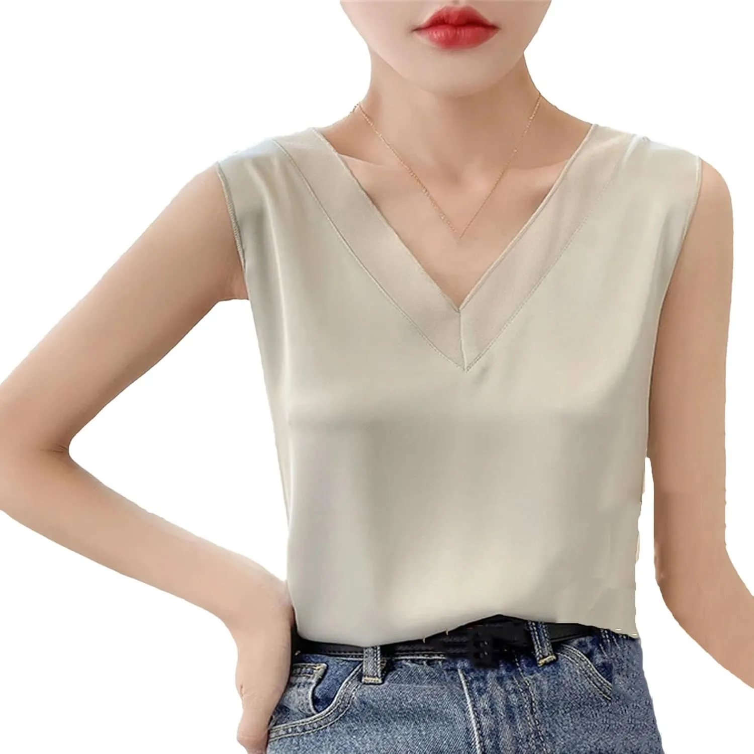 Women's Lightweight Satin Tank Top & Camisole Summer V-Neck Sleeveless Vest Loose Fit Casual Blouse to Wear Under Blazers