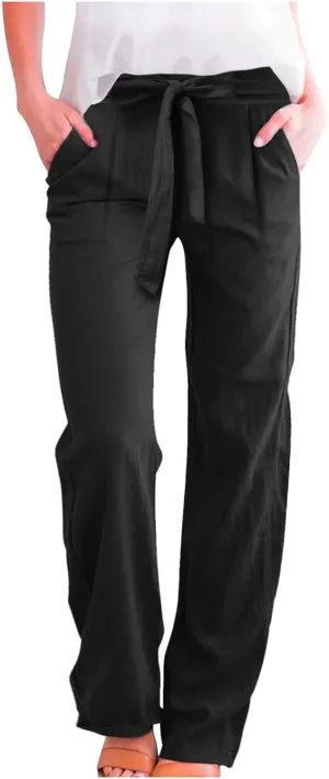 Women's Linen Blend Summer Casual Flowy Pants High Waist Lounge Pants Plus Size Trouser Vacation