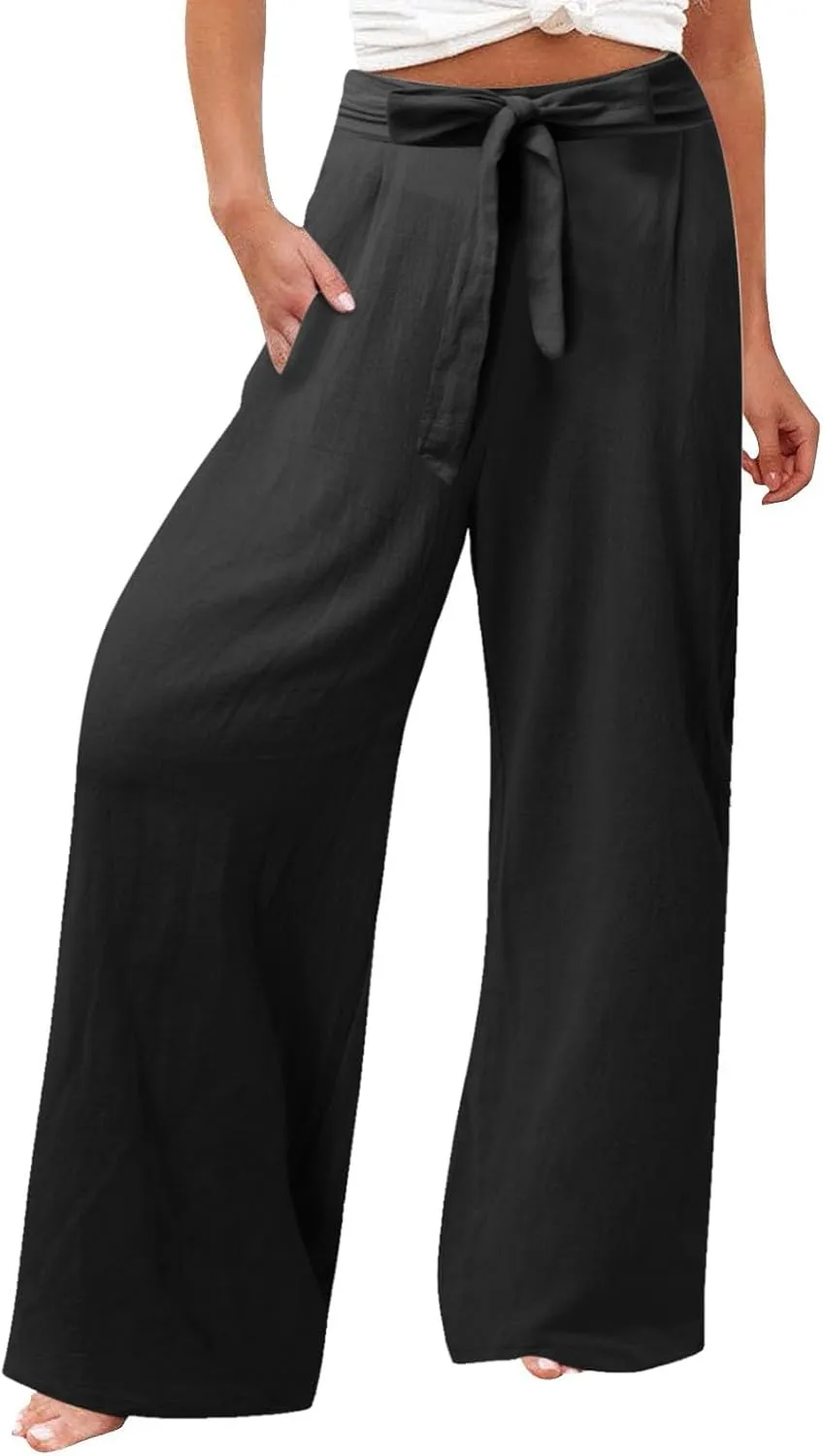 Women's Linen Blend Summer Casual Flowy Pants High Waist Lounge Pants Plus Size Trouser Vacation