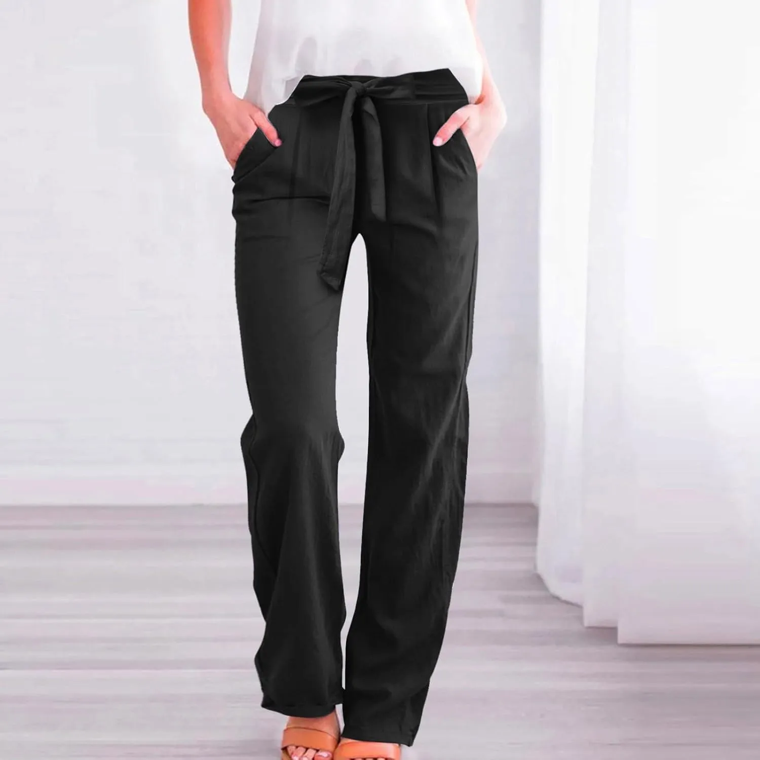 Women's Linen Blend Summer Casual Flowy Pants High Waist Lounge Pants Plus Size Trouser Vacation