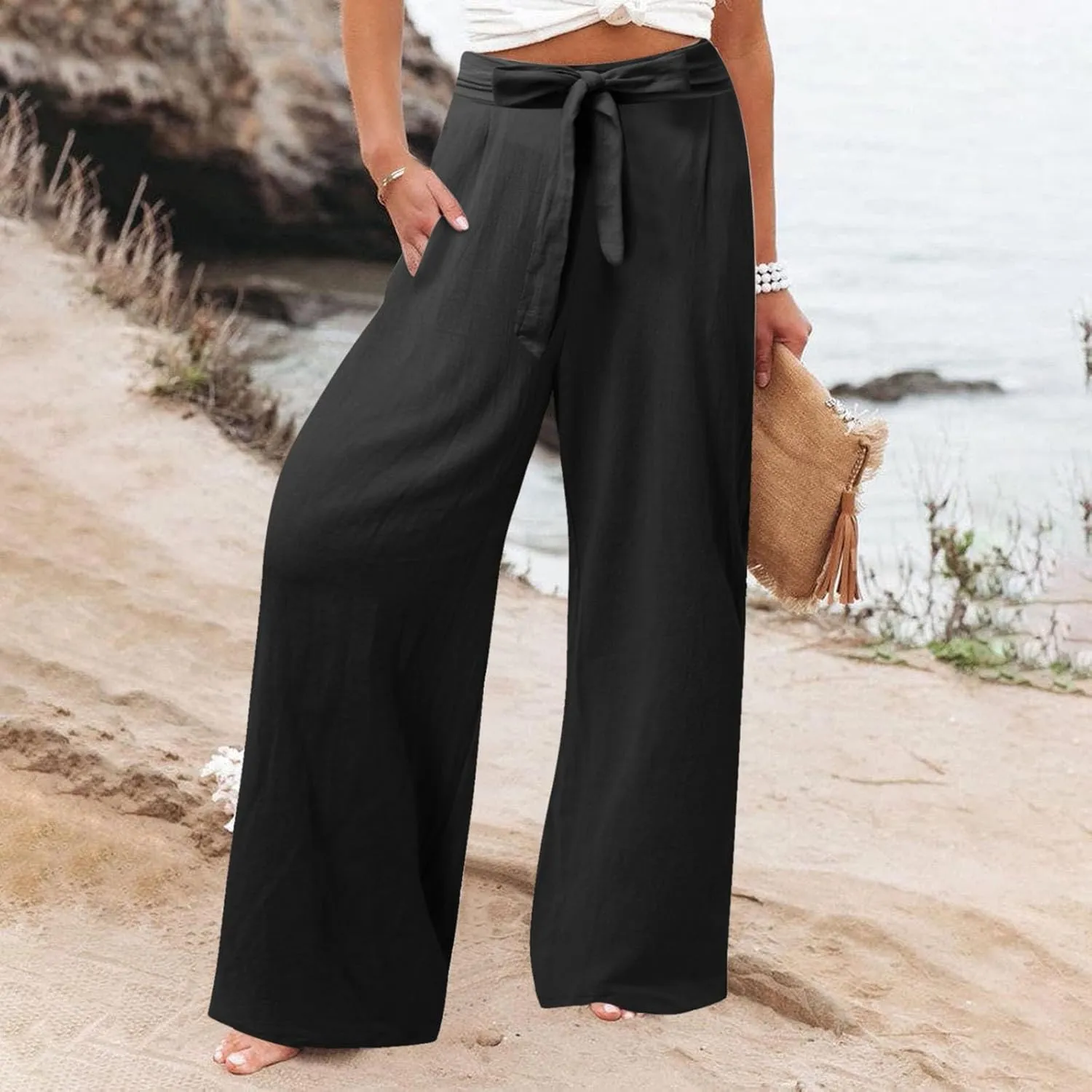 Women's Linen Blend Summer Casual Flowy Pants High Waist Lounge Pants Plus Size Trouser Vacation