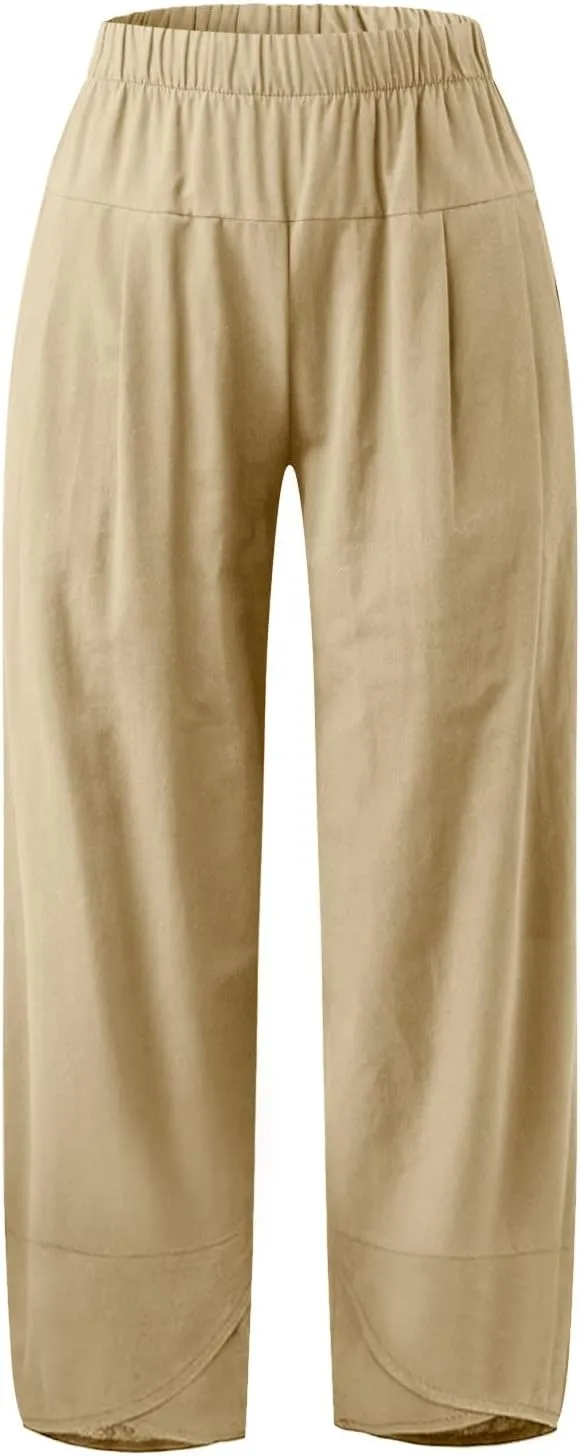 Womens Linen Summer Cropped Palazzo Pants Elastic Waist Lounge Pants Plus Size Pant Trousers Business Work