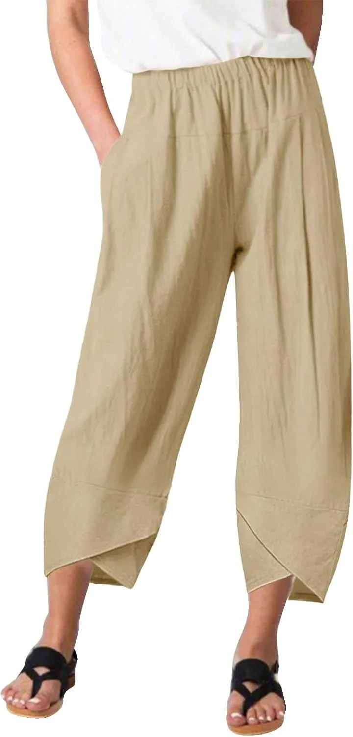 Womens Linen Summer Cropped Palazzo Pants Elastic Waist Lounge Pants Plus Size Pant Trousers Business Work