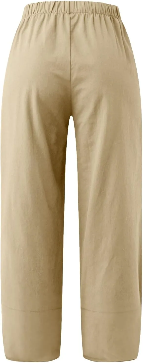 Womens Linen Summer Cropped Palazzo Pants Elastic Waist Lounge Pants Plus Size Pant Trousers Business Work