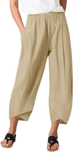 Womens Linen Summer Cropped Palazzo Pants Elastic Waist Lounge Pants Plus Size Pant Trousers Business Work