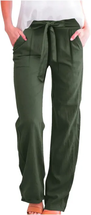 Womens Linen Summer Flowy Pants Elastic Waist Lounge Pants Slim Fit Trouser Travel