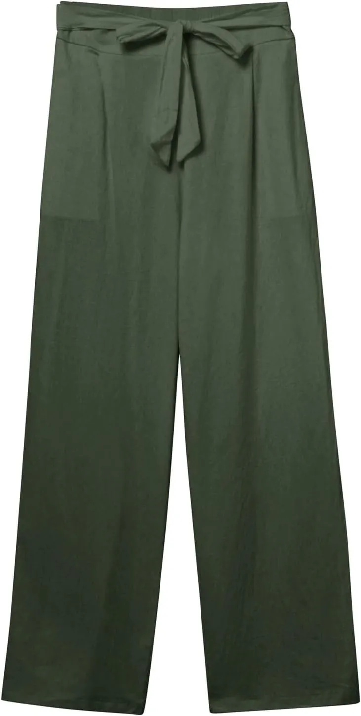 Womens Linen Summer Flowy Pants Elastic Waist Lounge Pants Slim Fit Trouser Travel